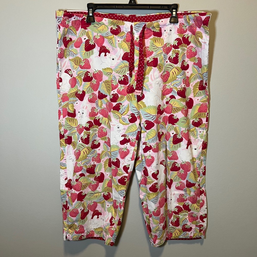 Nick & Nora Women's Pink Strawberry Bunny Cotton Pajama Pants Cropped Large